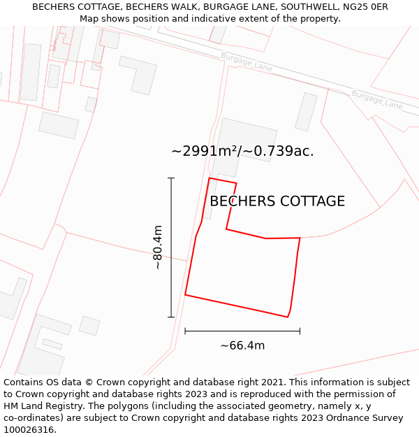 BECHERS COTTAGE, BECHERS WALK, BURGAGE LANE, SOUTHWELL, NG25 0ER: Plot and title map