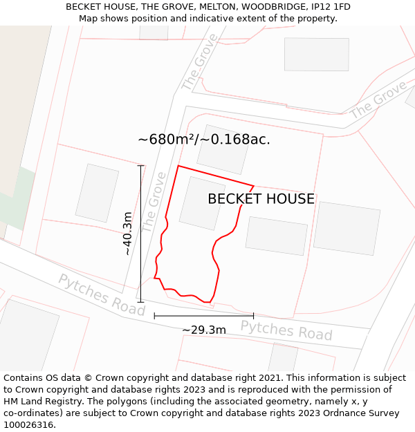 BECKET HOUSE, THE GROVE, MELTON, WOODBRIDGE, IP12 1FD: Plot and title map