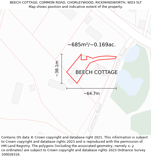 BEECH COTTAGE, COMMON ROAD, CHORLEYWOOD, RICKMANSWORTH, WD3 5LT: Plot and title map