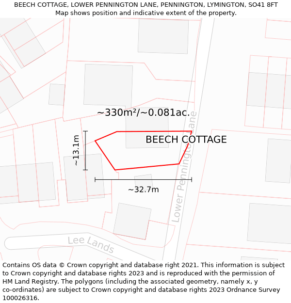 BEECH COTTAGE, LOWER PENNINGTON LANE, PENNINGTON, LYMINGTON, SO41 8FT: Plot and title map