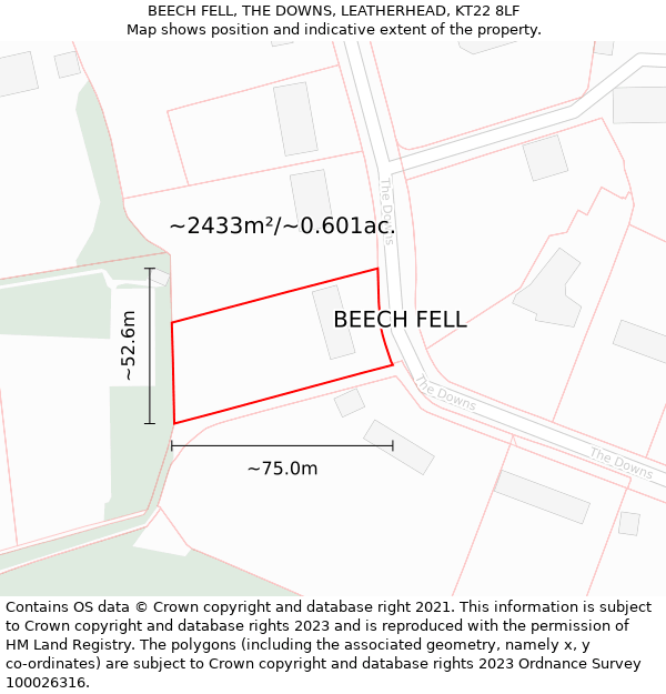 BEECH FELL, THE DOWNS, LEATHERHEAD, KT22 8LF: Plot and title map