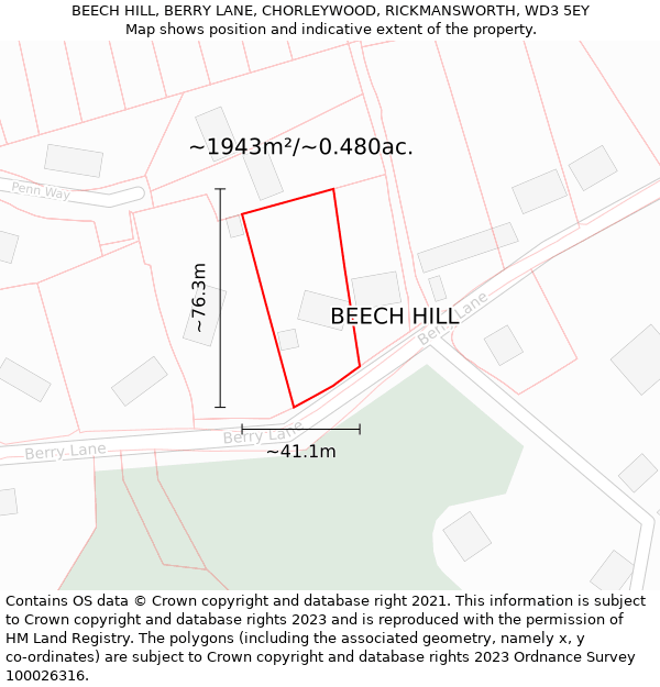 BEECH HILL, BERRY LANE, CHORLEYWOOD, RICKMANSWORTH, WD3 5EY: Plot and title map