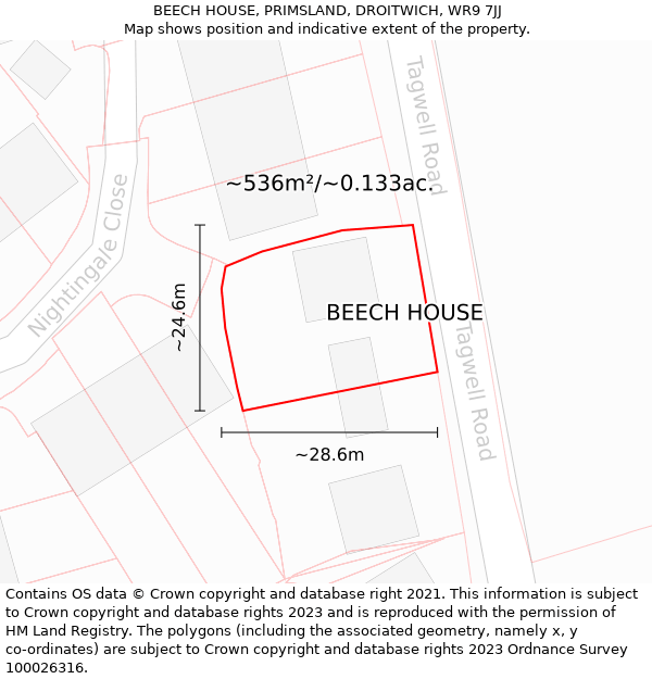 BEECH HOUSE, PRIMSLAND, DROITWICH, WR9 7JJ: Plot and title map