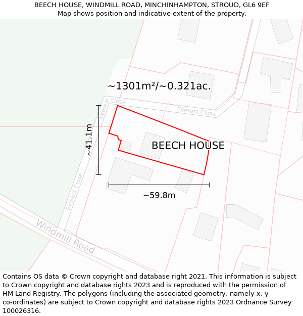 BEECH HOUSE, WINDMILL ROAD, MINCHINHAMPTON, STROUD, GL6 9EF: Plot and title map