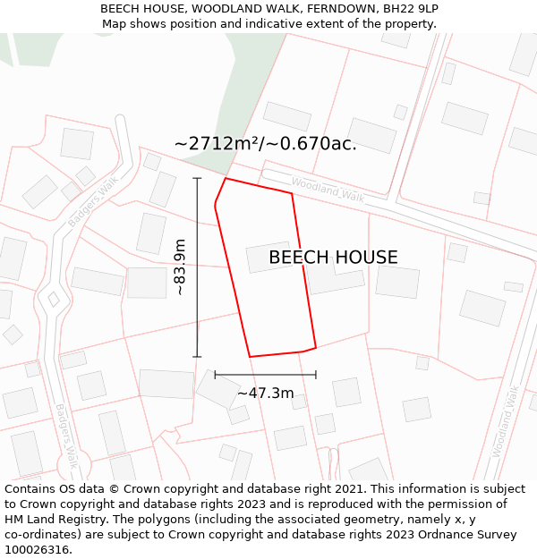 BEECH HOUSE, WOODLAND WALK, FERNDOWN, BH22 9LP: Plot and title map