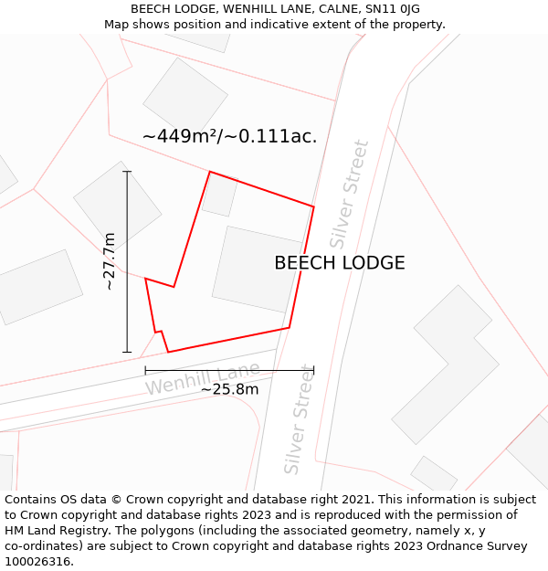 BEECH LODGE, WENHILL LANE, CALNE, SN11 0JG: Plot and title map