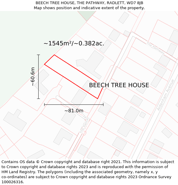 BEECH TREE HOUSE, THE PATHWAY, RADLETT, WD7 8JB: Plot and title map