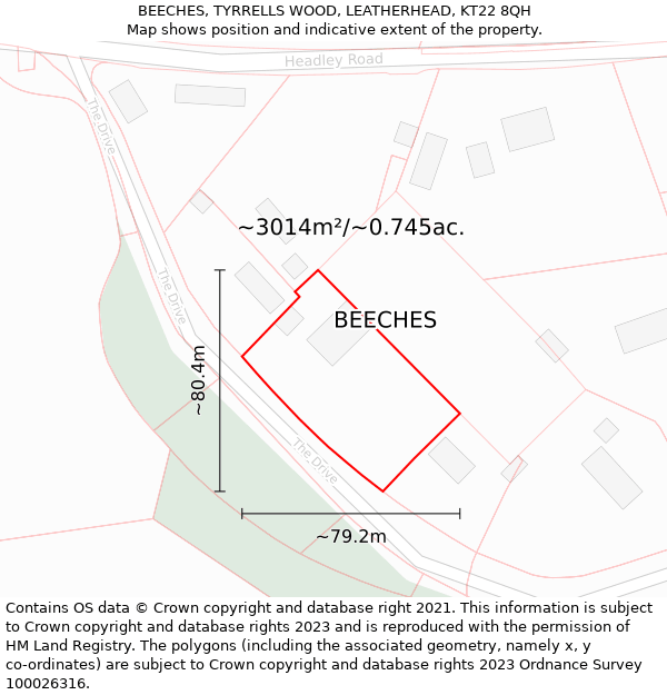 BEECHES, TYRRELLS WOOD, LEATHERHEAD, KT22 8QH: Plot and title map