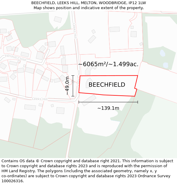 BEECHFIELD, LEEKS HILL, MELTON, WOODBRIDGE, IP12 1LW: Plot and title map