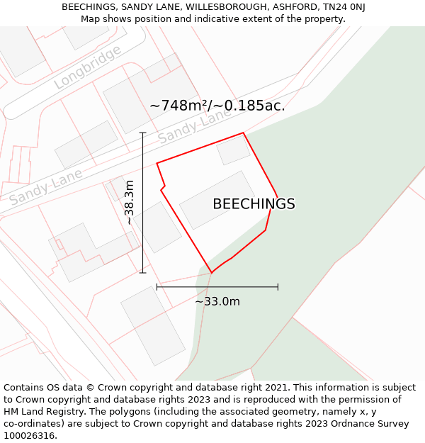 BEECHINGS, SANDY LANE, WILLESBOROUGH, ASHFORD, TN24 0NJ: Plot and title map