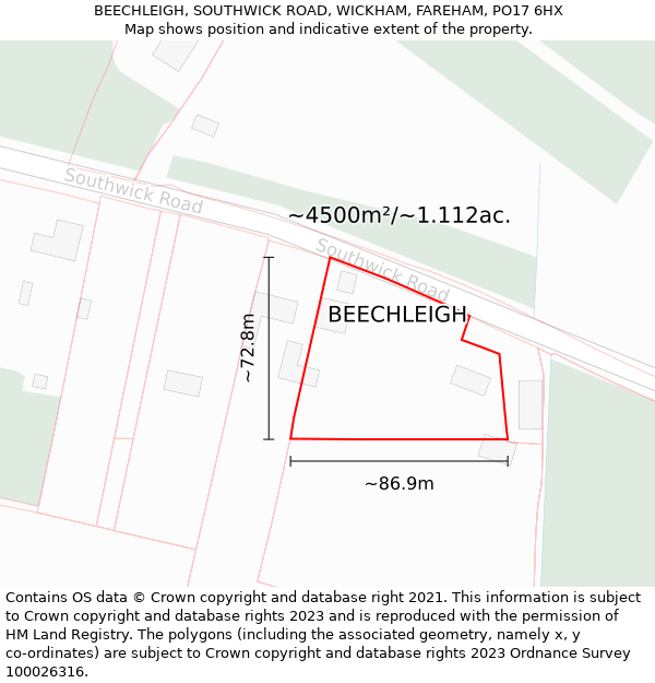 BEECHLEIGH, SOUTHWICK ROAD, WICKHAM, FAREHAM, PO17 6HX: Plot and title map