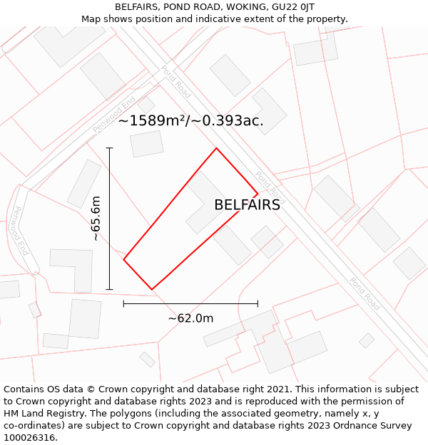 BELFAIRS, POND ROAD, WOKING, GU22 0JT: Plot and title map