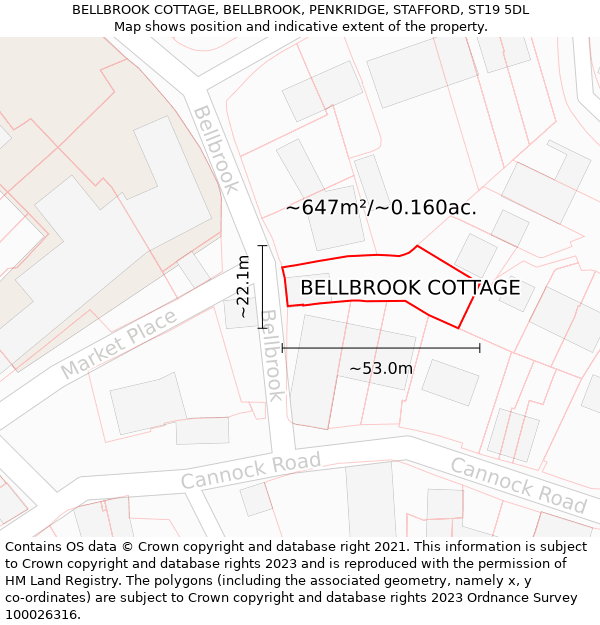 BELLBROOK COTTAGE, BELLBROOK, PENKRIDGE, STAFFORD, ST19 5DL: Plot and title map