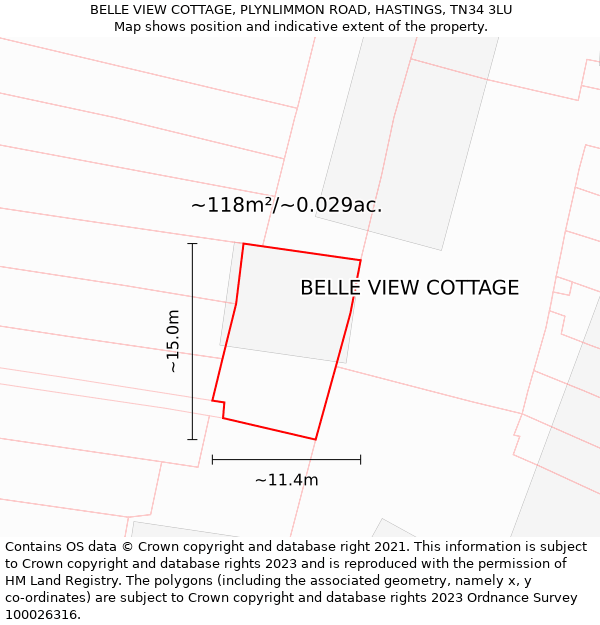 BELLE VIEW COTTAGE, PLYNLIMMON ROAD, HASTINGS, TN34 3LU: Plot and title map