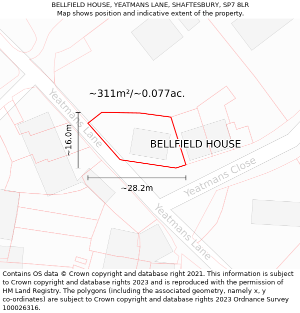 BELLFIELD HOUSE, YEATMANS LANE, SHAFTESBURY, SP7 8LR: Plot and title map