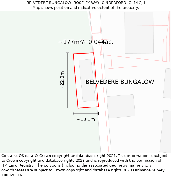 BELVEDERE BUNGALOW, BOSELEY WAY, CINDERFORD, GL14 2JH: Plot and title map