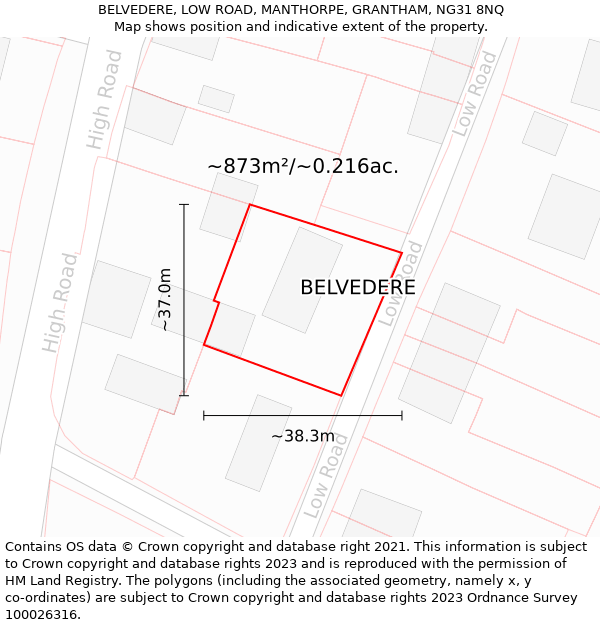 BELVEDERE, LOW ROAD, MANTHORPE, GRANTHAM, NG31 8NQ: Plot and title map