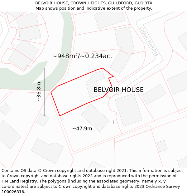 BELVOIR HOUSE, CROWN HEIGHTS, GUILDFORD, GU1 3TX: Plot and title map