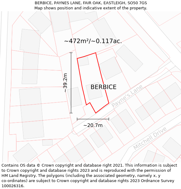 BERBICE, PAYNES LANE, FAIR OAK, EASTLEIGH, SO50 7GS: Plot and title map