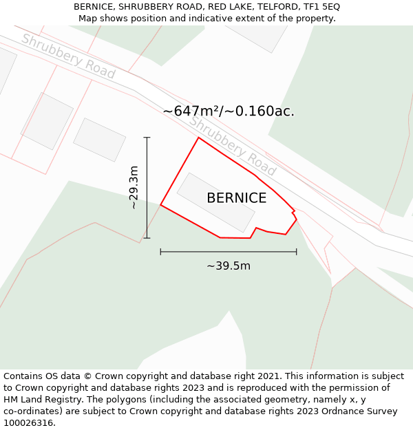 BERNICE, SHRUBBERY ROAD, RED LAKE, TELFORD, TF1 5EQ: Plot and title map