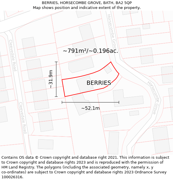 BERRIES, HORSECOMBE GROVE, BATH, BA2 5QP: Plot and title map