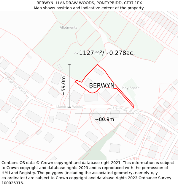 BERWYN, LLANDRAW WOODS, PONTYPRIDD, CF37 1EX: Plot and title map