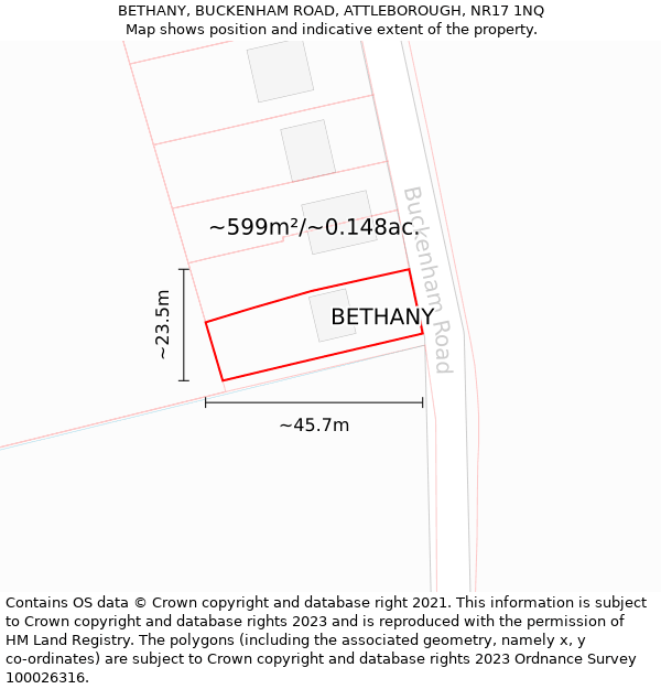 BETHANY, BUCKENHAM ROAD, ATTLEBOROUGH, NR17 1NQ: Plot and title map