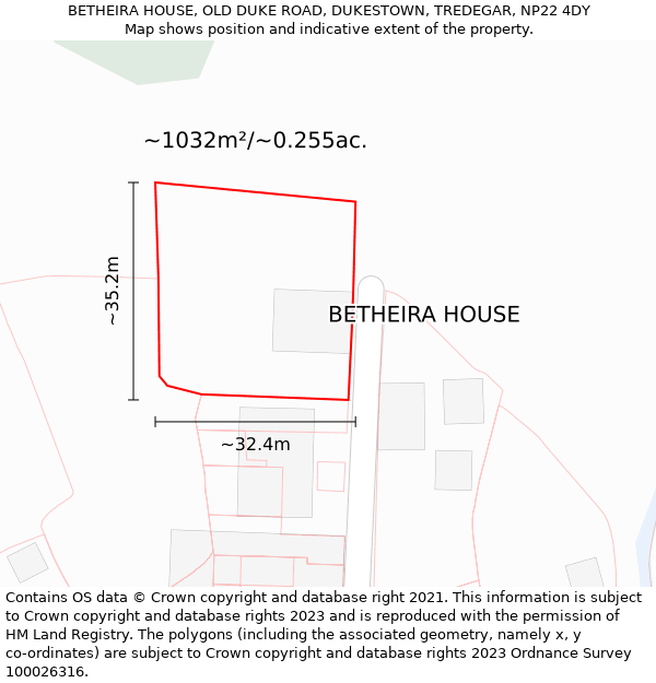 BETHEIRA HOUSE, OLD DUKE ROAD, DUKESTOWN, TREDEGAR, NP22 4DY: Plot and title map