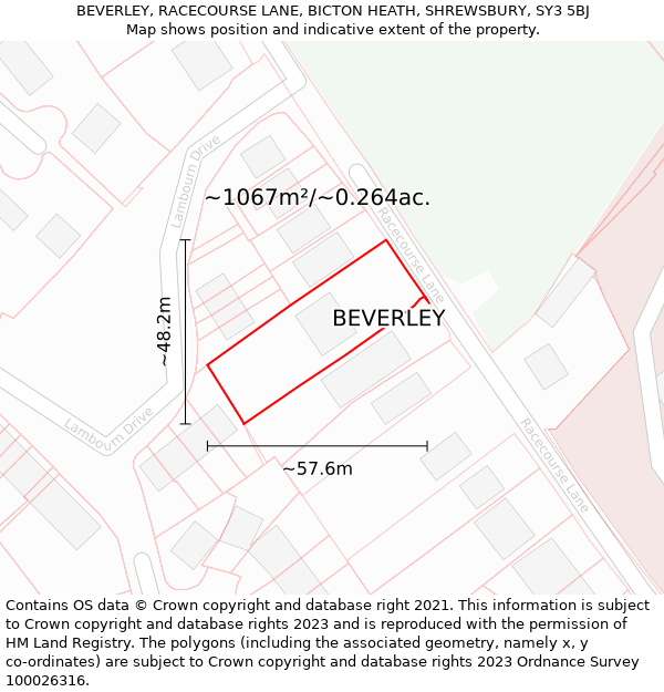 BEVERLEY, RACECOURSE LANE, BICTON HEATH, SHREWSBURY, SY3 5BJ: Plot and title map