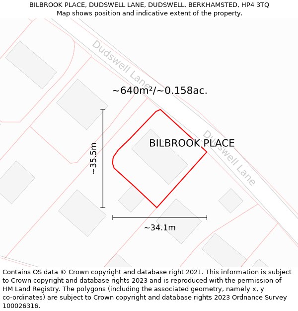 BILBROOK PLACE, DUDSWELL LANE, DUDSWELL, BERKHAMSTED, HP4 3TQ: Plot and title map