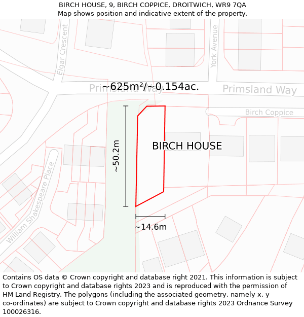BIRCH HOUSE, 9, BIRCH COPPICE, DROITWICH, WR9 7QA: Plot and title map