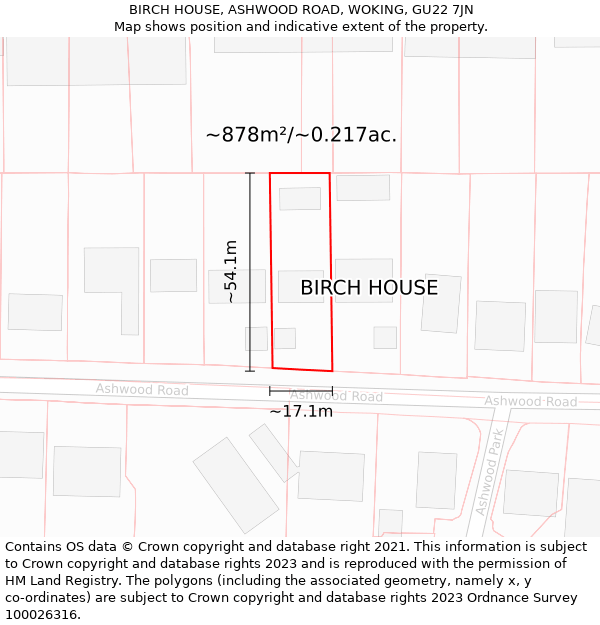 BIRCH HOUSE, ASHWOOD ROAD, WOKING, GU22 7JN: Plot and title map