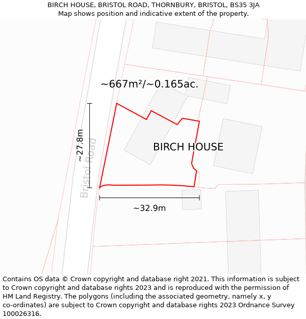 BIRCH HOUSE, BRISTOL ROAD, THORNBURY, BRISTOL, BS35 3JA: Plot and title map