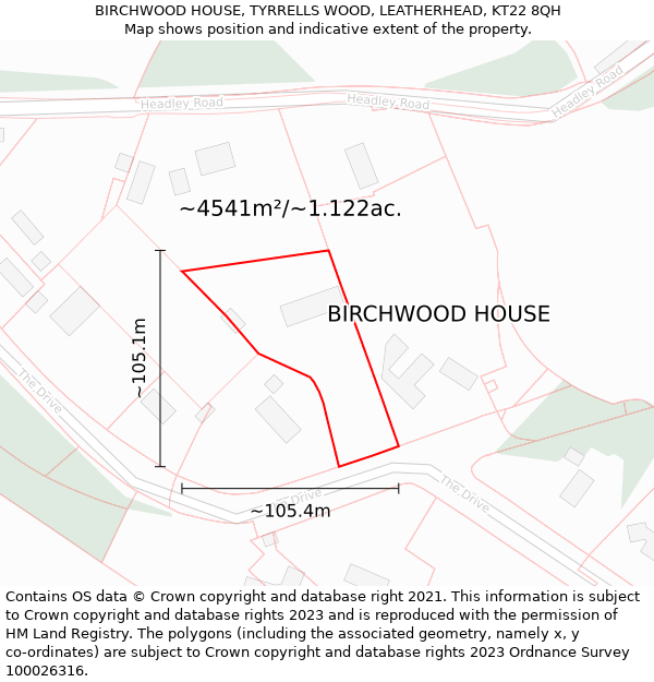 BIRCHWOOD HOUSE, TYRRELLS WOOD, LEATHERHEAD, KT22 8QH: Plot and title map