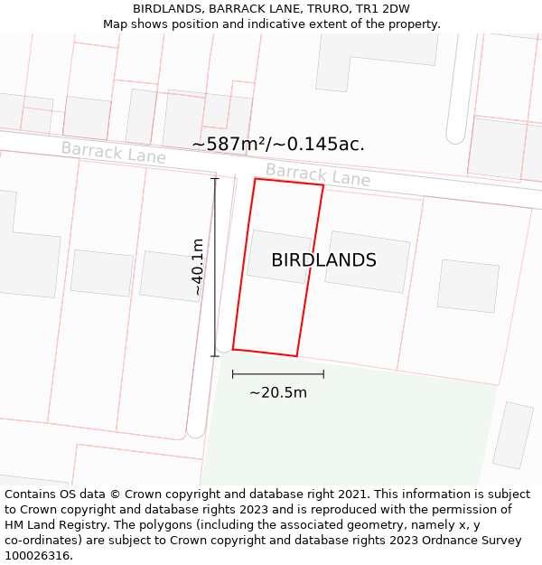 BIRDLANDS, BARRACK LANE, TRURO, TR1 2DW: Plot and title map