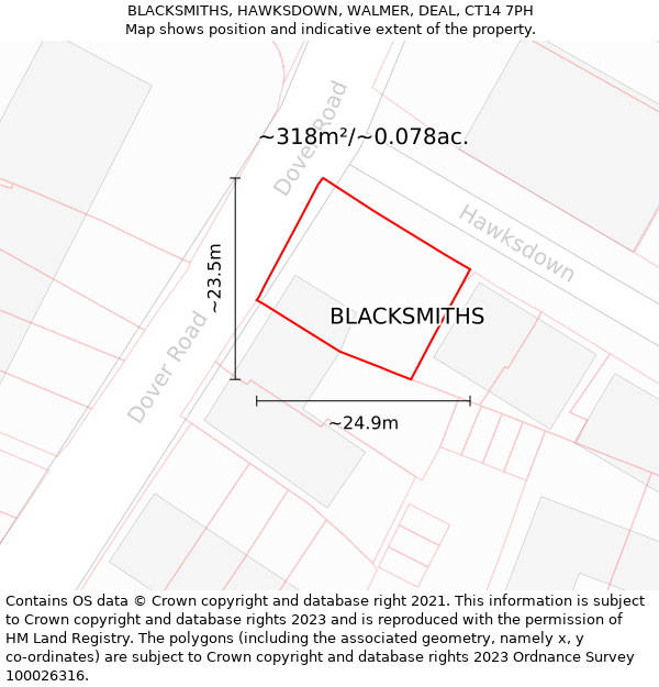 BLACKSMITHS, HAWKSDOWN, WALMER, DEAL, CT14 7PH: Plot and title map