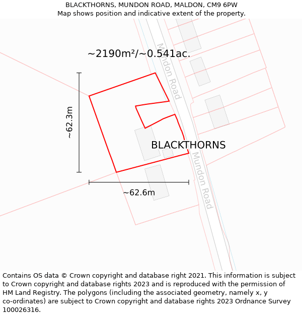 BLACKTHORNS, MUNDON ROAD, MALDON, CM9 6PW: Plot and title map