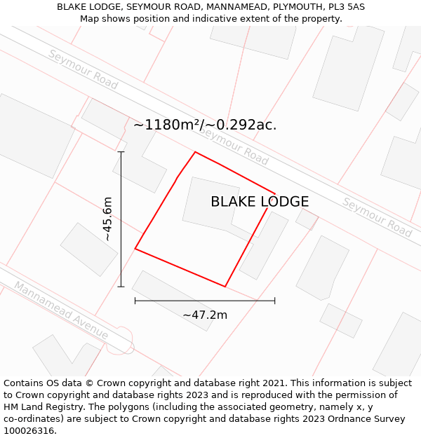 BLAKE LODGE, SEYMOUR ROAD, MANNAMEAD, PLYMOUTH, PL3 5AS: Plot and title map