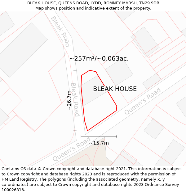 BLEAK HOUSE, QUEENS ROAD, LYDD, ROMNEY MARSH, TN29 9DB: Plot and title map
