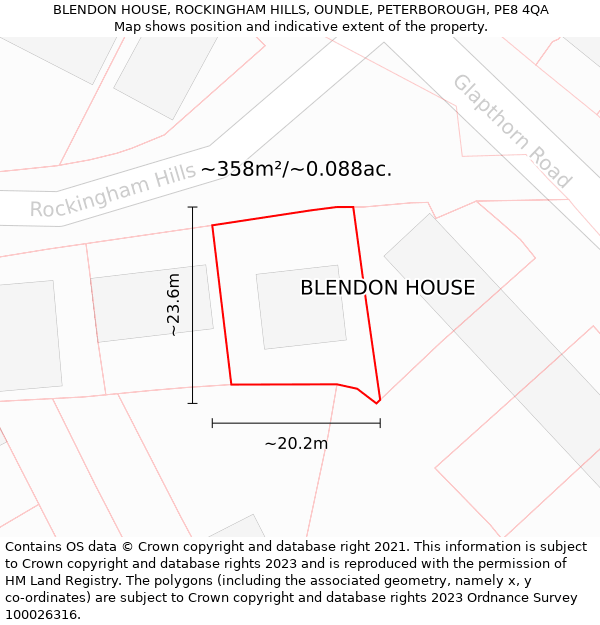 BLENDON HOUSE, ROCKINGHAM HILLS, OUNDLE, PETERBOROUGH, PE8 4QA: Plot and title map