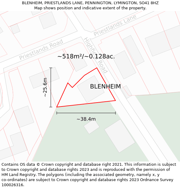 BLENHEIM, PRIESTLANDS LANE, PENNINGTON, LYMINGTON, SO41 8HZ: Plot and title map