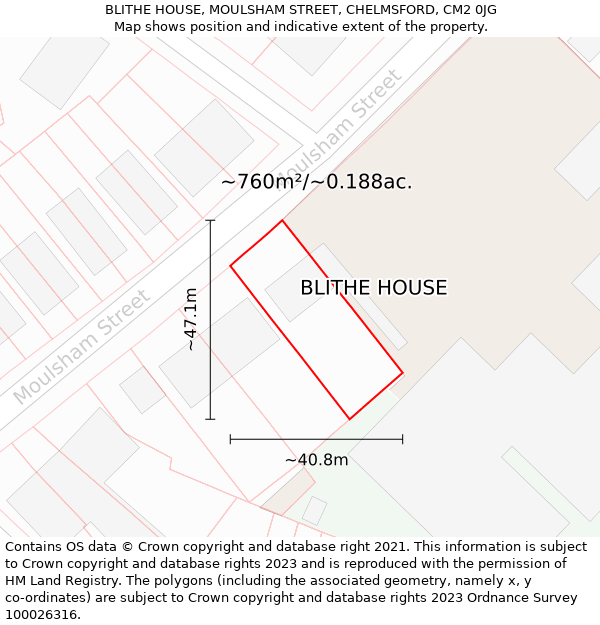 BLITHE HOUSE, MOULSHAM STREET, CHELMSFORD, CM2 0JG: Plot and title map