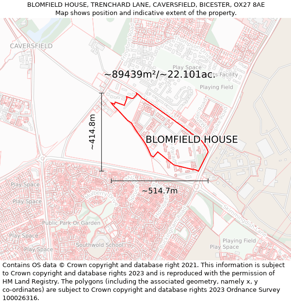 BLOMFIELD HOUSE, TRENCHARD LANE, CAVERSFIELD, BICESTER, OX27 8AE: Plot and title map