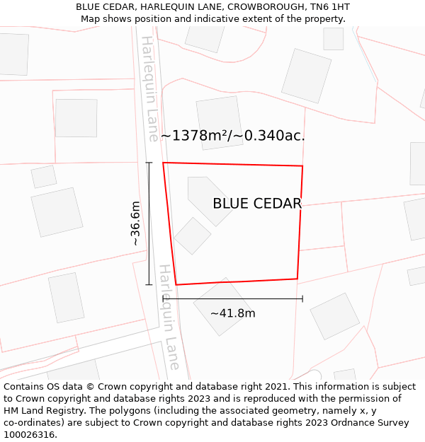 BLUE CEDAR, HARLEQUIN LANE, CROWBOROUGH, TN6 1HT: Plot and title map