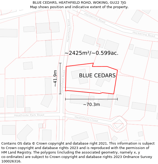 BLUE CEDARS, HEATHFIELD ROAD, WOKING, GU22 7JG: Plot and title map