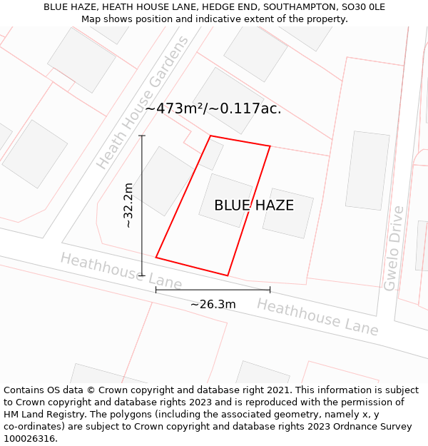 BLUE HAZE, HEATH HOUSE LANE, HEDGE END, SOUTHAMPTON, SO30 0LE: Plot and title map