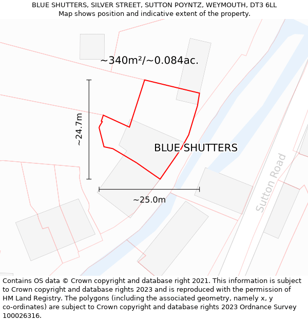 BLUE SHUTTERS, SILVER STREET, SUTTON POYNTZ, WEYMOUTH, DT3 6LL: Plot and title map