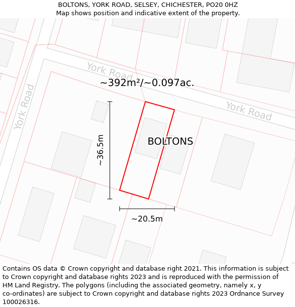 BOLTONS, YORK ROAD, SELSEY, CHICHESTER, PO20 0HZ: Plot and title map