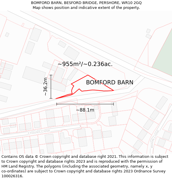 BOMFORD BARN, BESFORD BRIDGE, PERSHORE, WR10 2GQ: Plot and title map