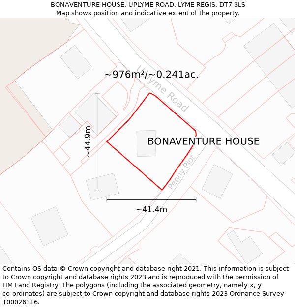 BONAVENTURE HOUSE, UPLYME ROAD, LYME REGIS, DT7 3LS: Plot and title map